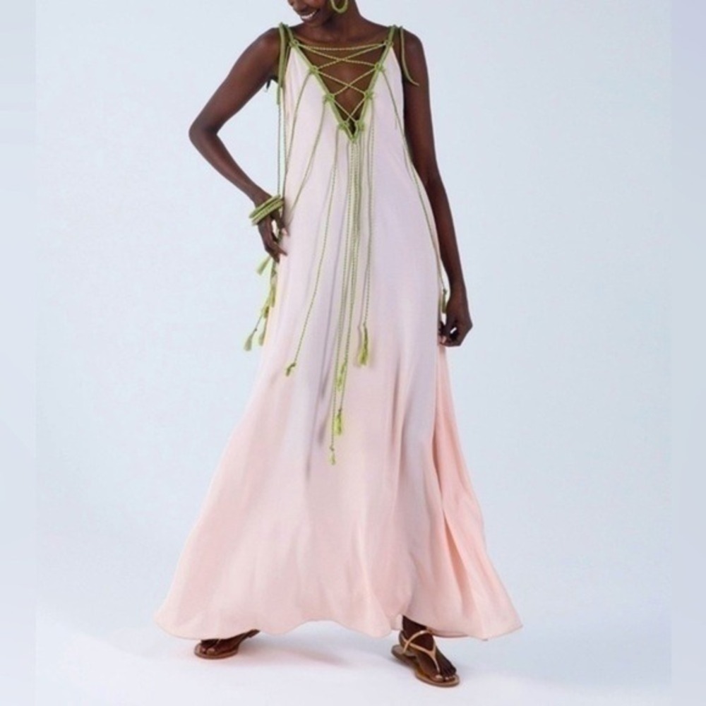 My Beachy Side Monarch Maxi Dress Pink Olive Green Crochet Tassel Resortwear M